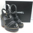 Chanel 15P Chain-Trim Quilted Wedge Sandals Black Braided Leather Size 36