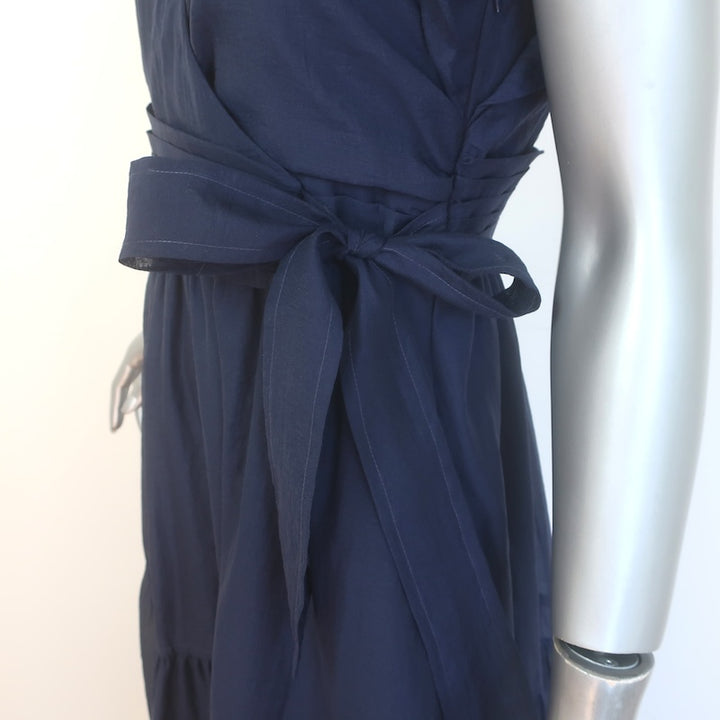 Jonathan Simkhai Banks Flutter Sleeve Tiered Maxi Dress Navy Taffeta Size 4