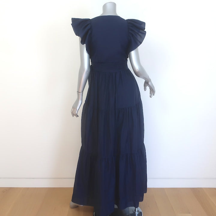 Jonathan Simkhai Banks Flutter Sleeve Tiered Maxi Dress Navy Taffeta Size 4