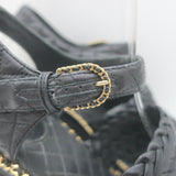 Chanel 15P Chain-Trim Quilted Wedge Sandals Black Braided Leather Size 36