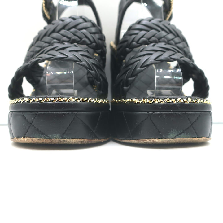 Chanel 15P Chain-Trim Quilted Wedge Sandals Black Braided Leather Size 36