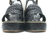 Chanel 15P Chain-Trim Quilted Wedge Sandals Black Braided Leather Size 36