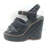 Chanel 15P Chain-Trim Quilted Wedge Sandals Black Braided Leather Size 36