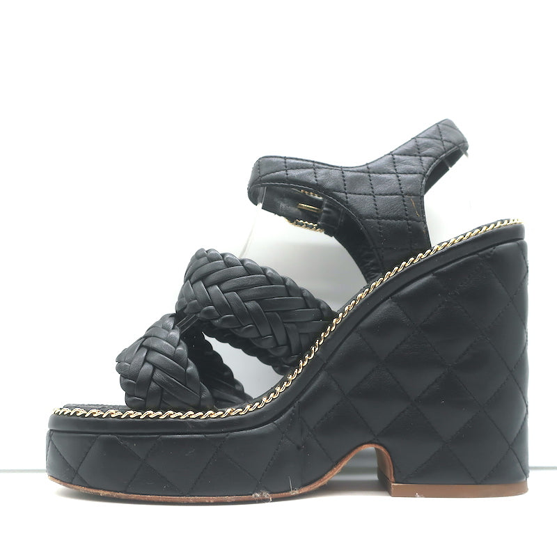 Chanel 15P Chain-Trim Quilted Wedge Sandals Black Braided Leather Size 36
