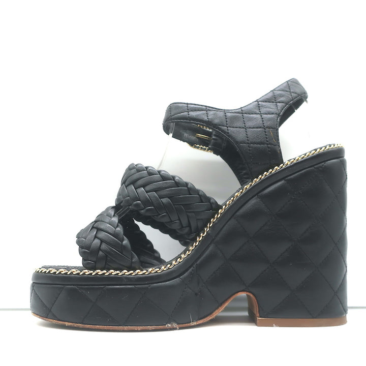Chanel 15P Chain-Trim Quilted Wedge Sandals Black Braided Leather Size 36