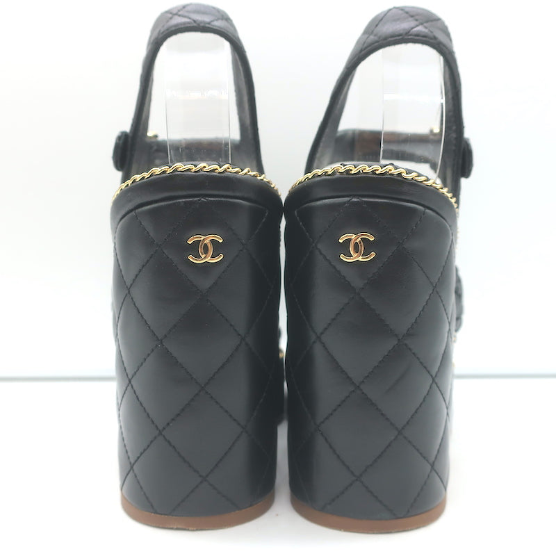 Chanel 15P Chain-Trim Quilted Wedge Sandals Black Braided Leather Size 36