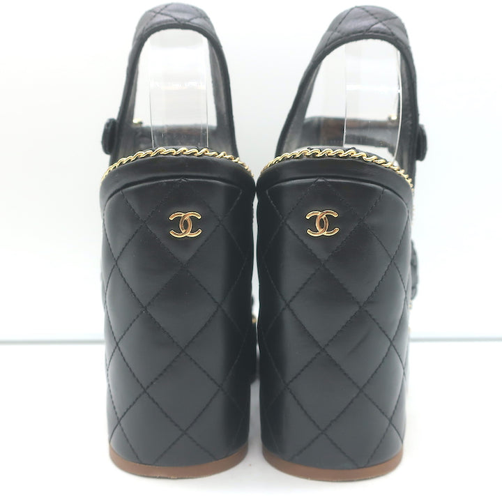 Chanel 15P Chain-Trim Quilted Wedge Sandals Black Braided Leather Size 36