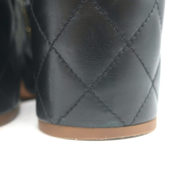 Chanel 15P Chain-Trim Quilted Wedge Sandals Black Braided Leather Size 36