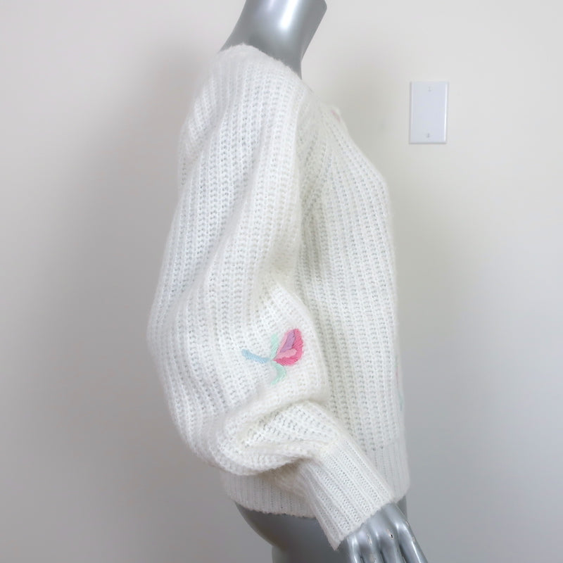 LoveShackFancy Cardigan Brookie White Floral-Embroidered Wool Blend Size Small