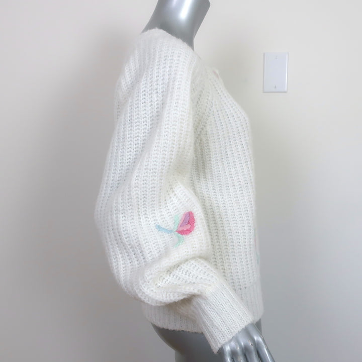 LoveShackFancy Cardigan Brookie White Floral-Embroidered Wool Blend Size Small