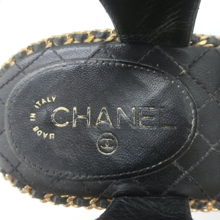Chanel 15P Chain-Trim Quilted Wedge Sandals Black Braided Leather Size 36