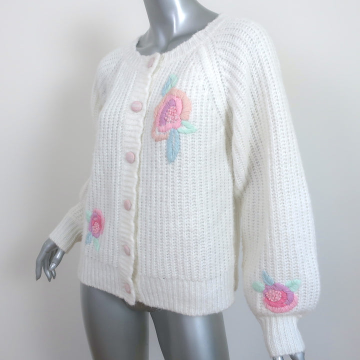 LoveShackFancy Cardigan Brookie White Floral-Embroidered Wool Blend Size Small