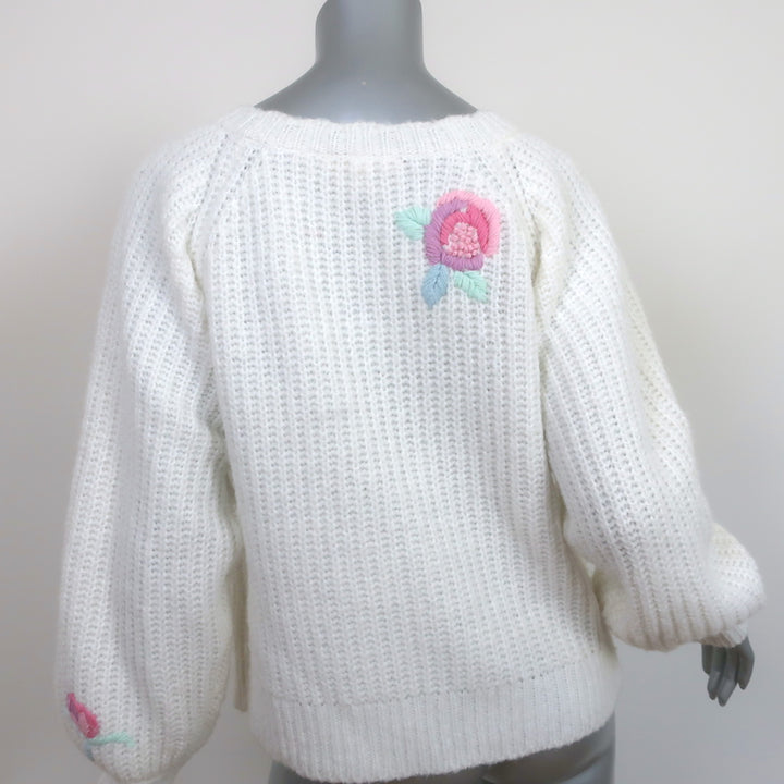 LoveShackFancy Cardigan Brookie White Floral-Embroidered Wool Blend Size Small