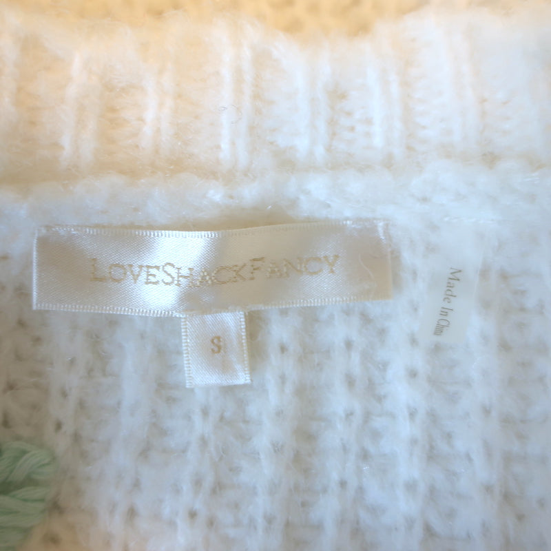 LoveShackFancy Cardigan Brookie White Floral-Embroidered Wool Blend Size Small