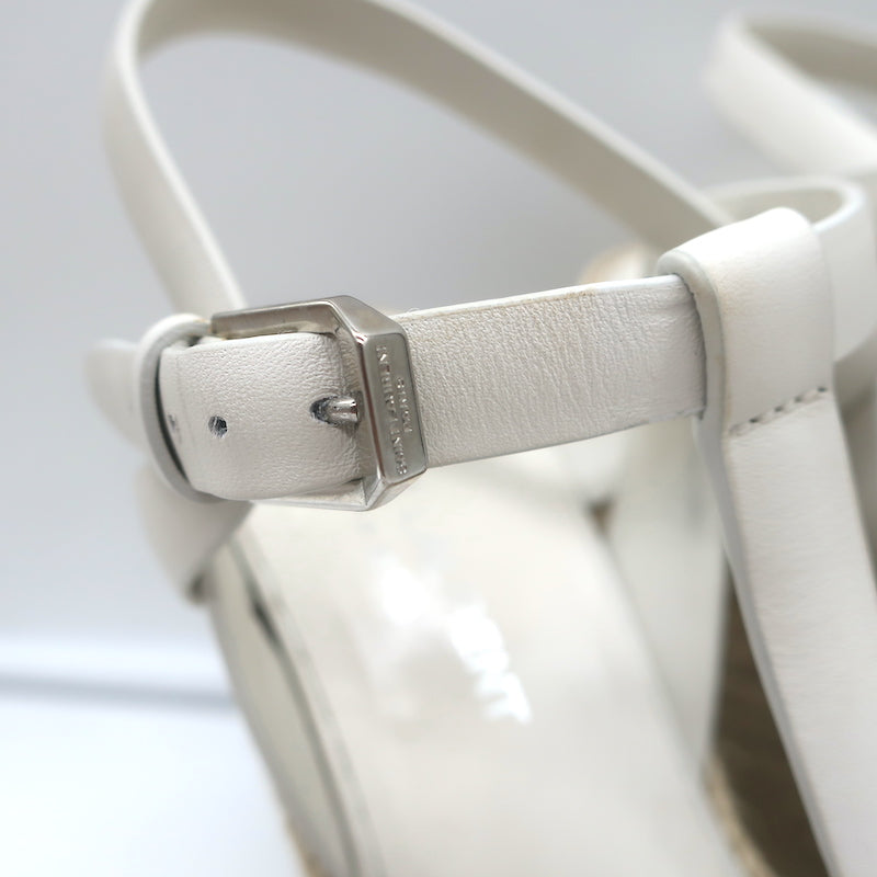 Saint Laurent Tribute Platform Espadrille Wedge Sandals White Leather Size 35.5