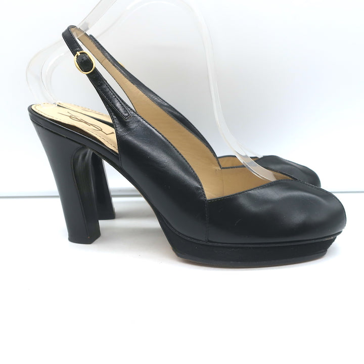 Yves Saint Laurent Platform Peep Toe Pumps Black Leather Size 39 Slingback Heels