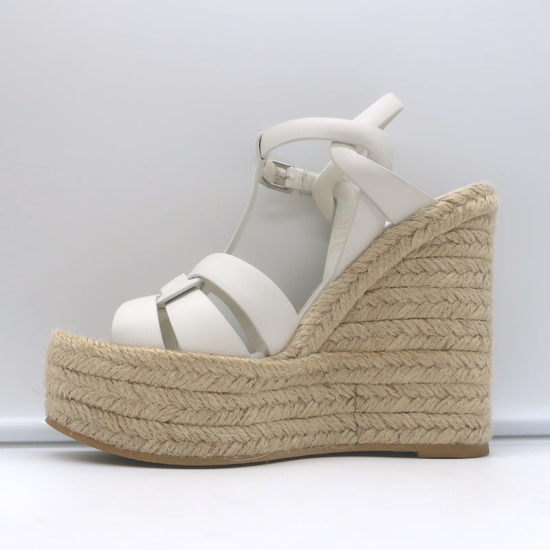 Saint Laurent Tribute Platform Espadrille Wedge Sandals White Leather Size 35.5