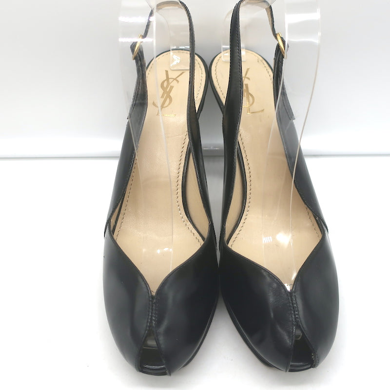 Yves Saint Laurent Platform Peep Toe Pumps Black Leather Size 39 Slingback Heels