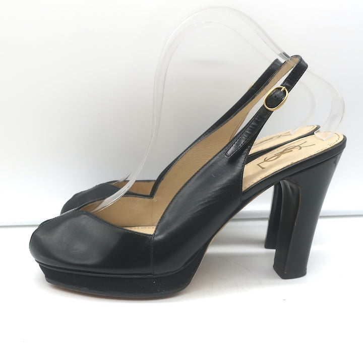 Yves Saint Laurent Platform Peep Toe Pumps Black Leather Size 39 Slingback Heels