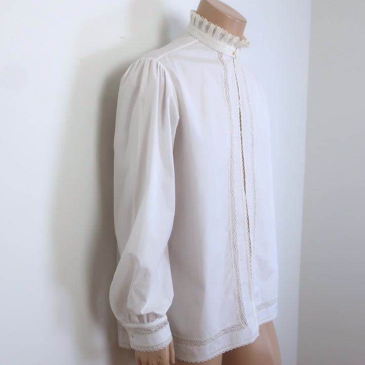 Valentino Victorian Lace-Trimmed Ruffle Neck Open-Front Shirt White Cotton Size 39-15 1/2
