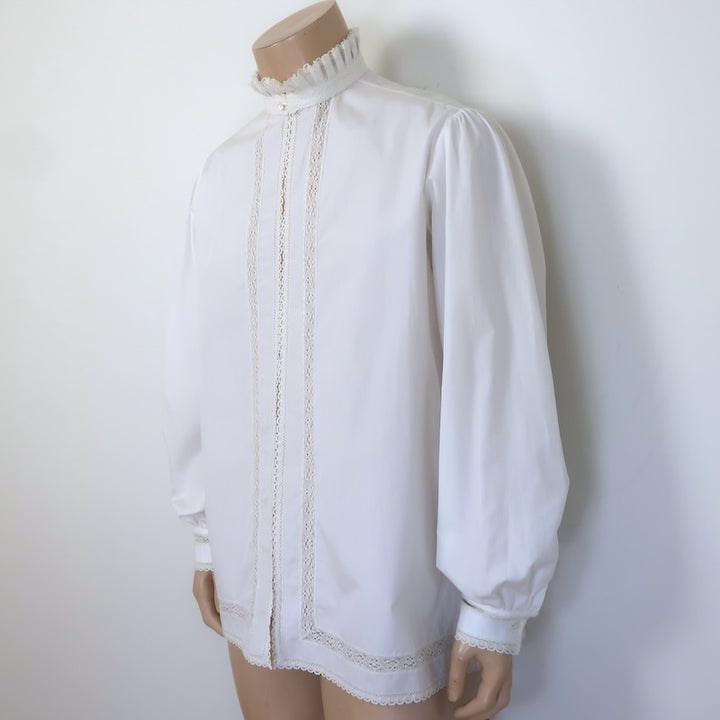 Valentino Victorian Lace-Trimmed Ruffle Neck Open-Front Shirt White Cotton Size 39-15 1/2