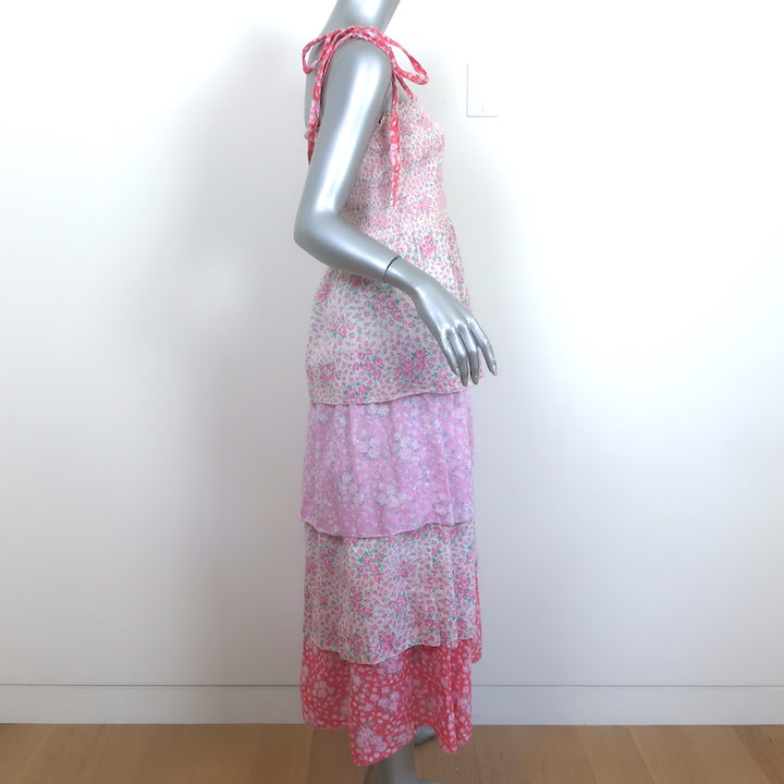 LoveShackFancy Tiered Maxi Dress Caressa White/Pink Floral Print Size Medium