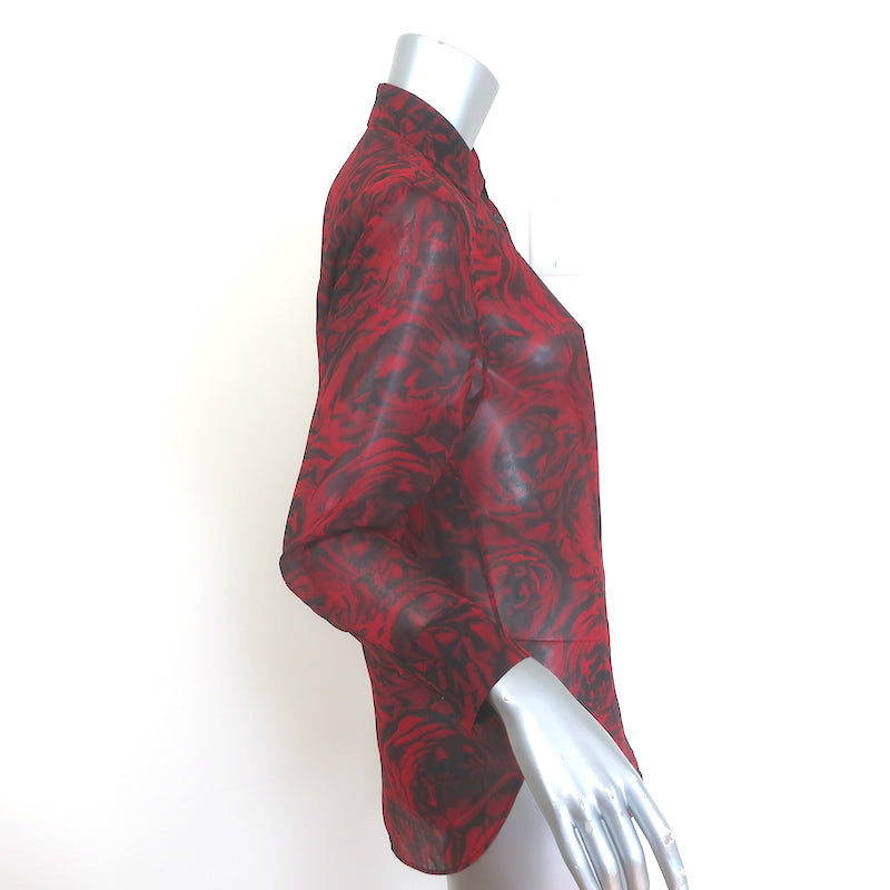 Christian Dior Rose Print Chiffon Blouse Red Silk Size US 2 Button Down Shirt