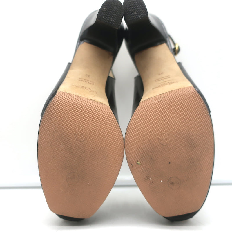 Yves Saint Laurent Platform Peep Toe Pumps Black Leather Size 39 Slingback Heels