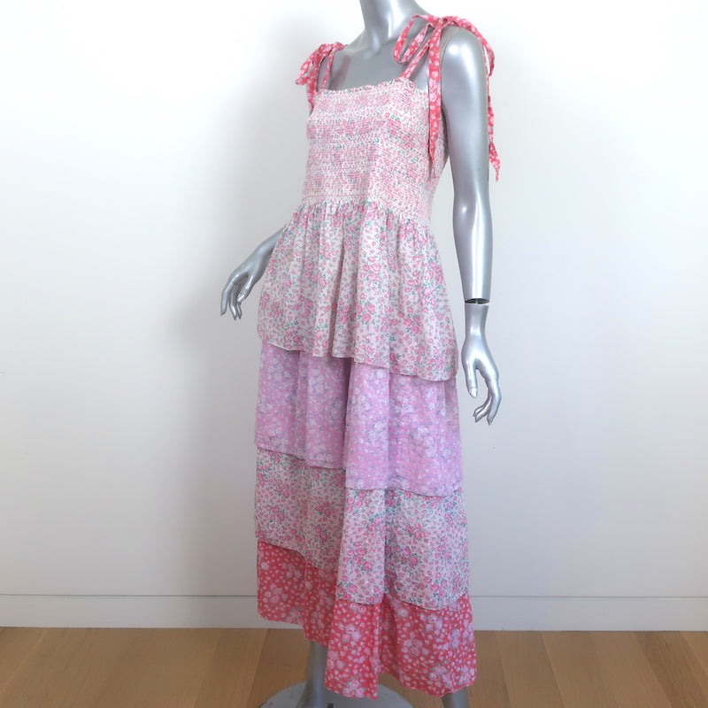 LoveShackFancy Tiered Maxi Dress Caressa White/Pink Floral Print Size Medium