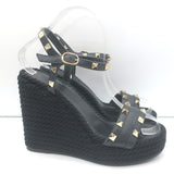 Valentino Rockstud Torchon Rope Wedge Sandals Black Size 36 Ankle Strap Heels