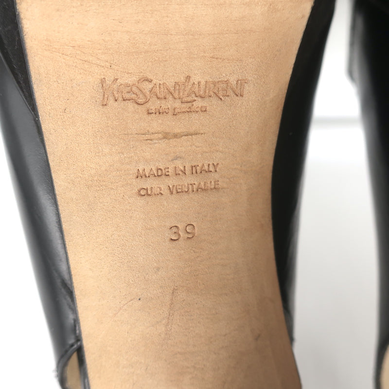 Yves Saint Laurent Platform Peep Toe Pumps Black Leather Size 39 Slingback Heels