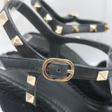 Valentino Rockstud Torchon Rope Wedge Sandals Black Size 36 Ankle Strap Heels