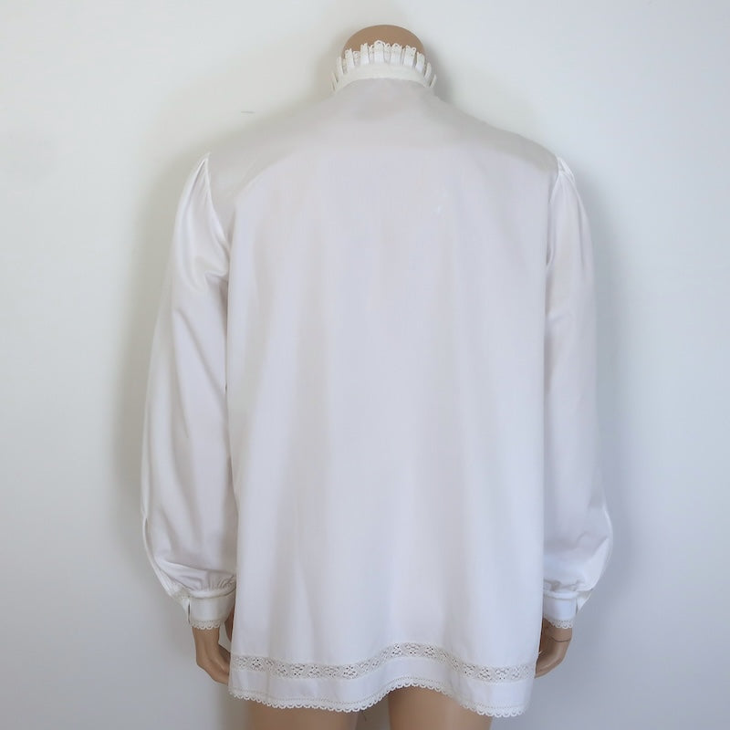 Valentino Victorian Lace-Trimmed Ruffle Neck Open-Front Shirt White Cotton Size 39-15 1/2