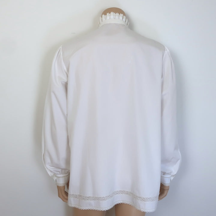 Valentino Victorian Lace-Trimmed Ruffle Neck Open-Front Shirt White Cotton Size 39-15 1/2