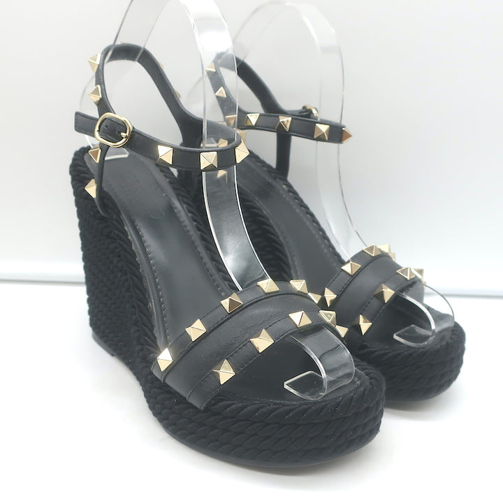 Valentino Rockstud Torchon Rope Wedge Sandals Black Size 36 Ankle Strap Heels