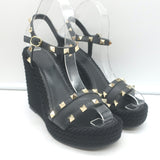 Valentino Rockstud Torchon Rope Wedge Sandals Black Size 36 Ankle Strap Heels