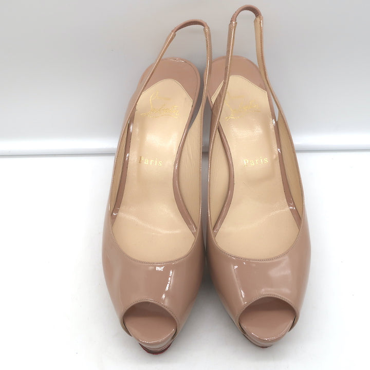 Christian Louboutin Slingback Sandals Nude Patent Leather Size 39 Peep Toe Heels