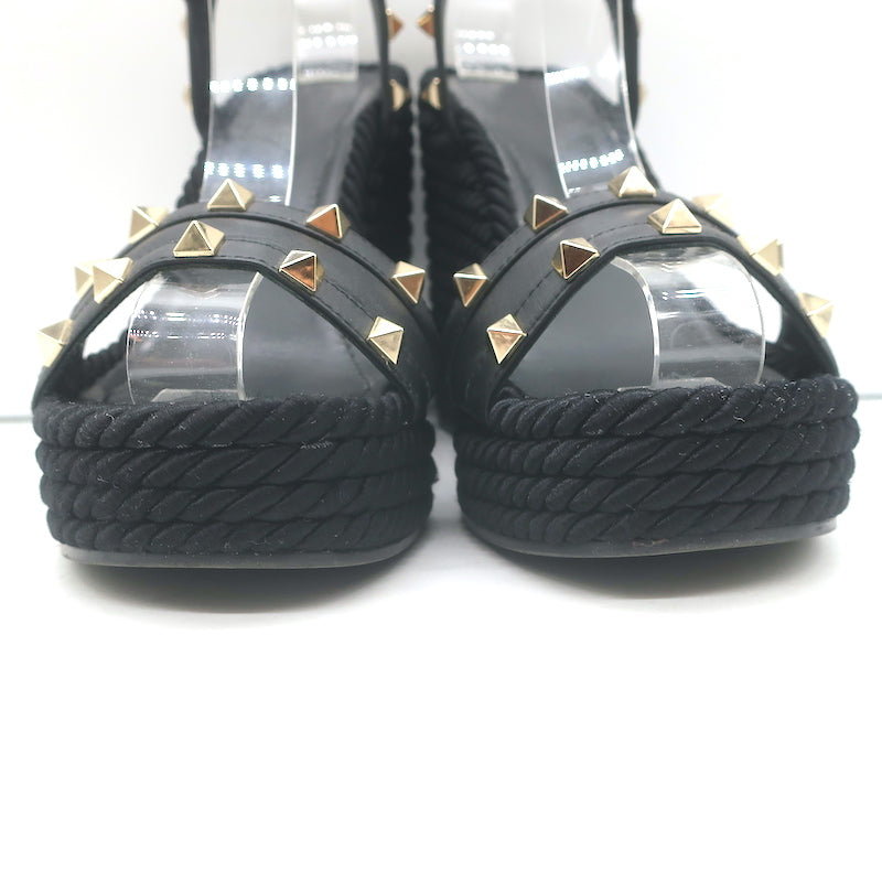 Valentino Rockstud Torchon Rope Wedge Sandals Black Size 36 Ankle Strap Heels