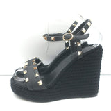 Valentino Rockstud Torchon Rope Wedge Sandals Black Size 36 Ankle Strap Heels