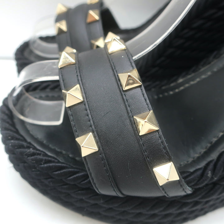 Valentino Rockstud Torchon Rope Wedge Sandals Black Size 36 Ankle Strap Heels