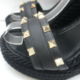 Valentino Rockstud Torchon Rope Wedge Sandals Black Size 36 Ankle Strap Heels