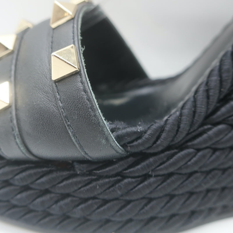 Valentino Rockstud Torchon Rope Wedge Sandals Black Size 36 Ankle Strap Heels