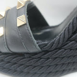 Valentino Rockstud Torchon Rope Wedge Sandals Black Size 36 Ankle Strap Heels