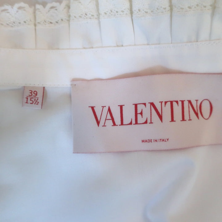 Valentino Victorian Lace-Trimmed Ruffle Neck Open-Front Shirt White Cotton Size 39-15 1/2