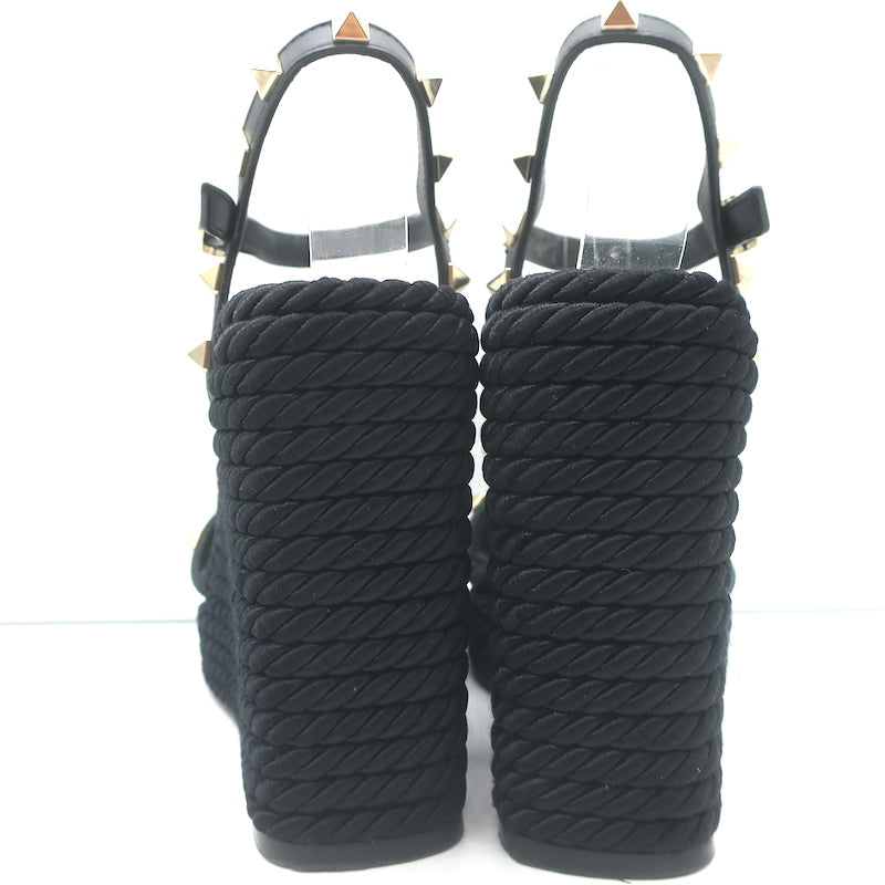 Valentino Rockstud Torchon Rope Wedge Sandals Black Size 36 Ankle Strap Heels