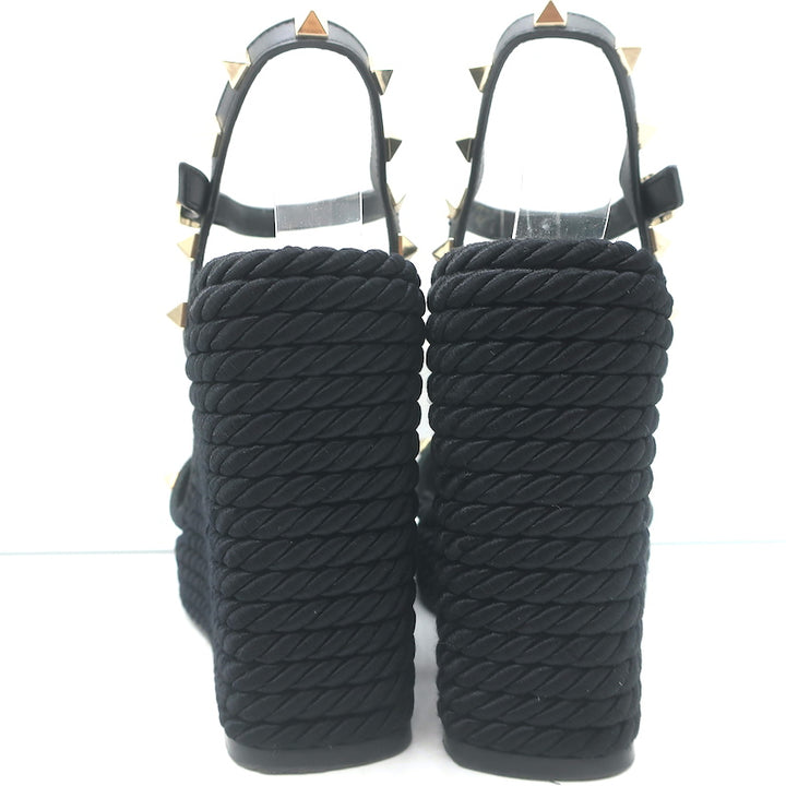 Valentino Rockstud Torchon Rope Wedge Sandals Black Size 36 Ankle Strap Heels
