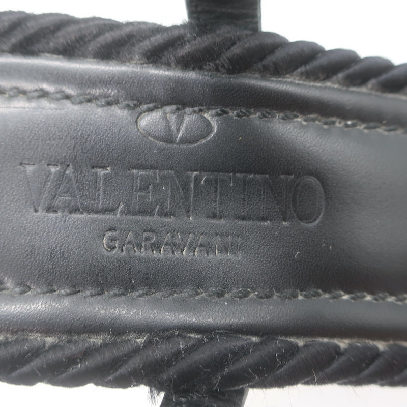 Valentino Rockstud Torchon Rope Wedge Sandals Black Size 36 Ankle Strap Heels