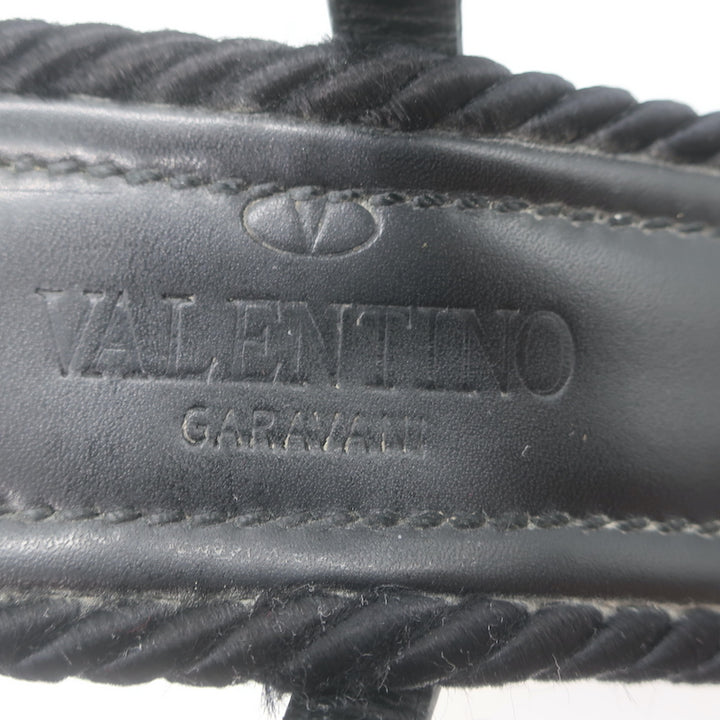 Valentino Rockstud Torchon Rope Wedge Sandals Black Size 36 Ankle Strap Heels