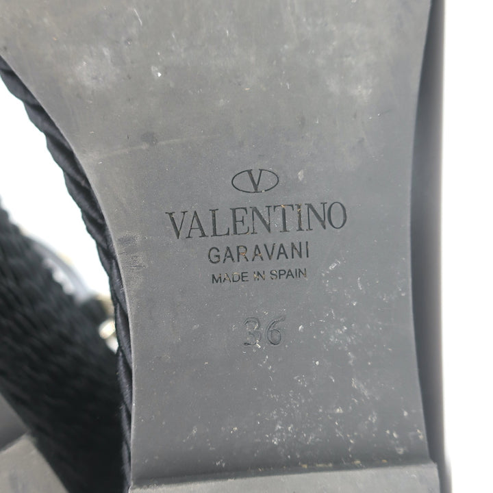 Valentino Rockstud Torchon Rope Wedge Sandals Black Size 36 Ankle Strap Heels