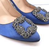 Manolo Blahnik Hangisi Crystal-Buckle Pumps Blue Satin Size 39.5 Point Toe Heels